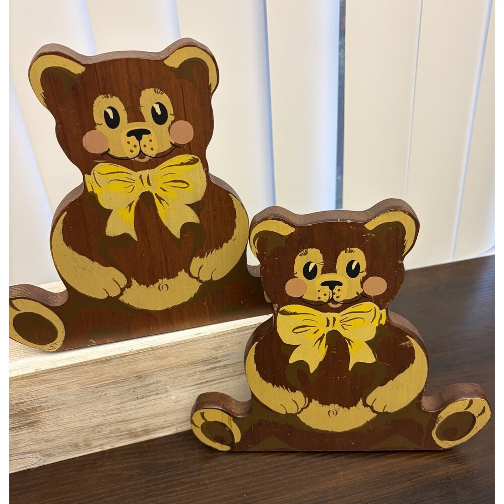 Vintage Wooden Teddy Bear with Yellow Bow Bookends Kids Room Reading Cottagecore